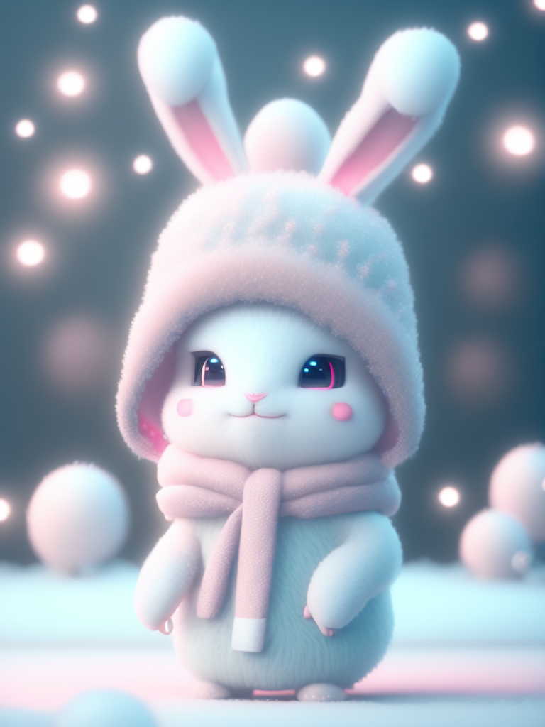 00089-3408901441-Front view, 3D, in a winter season, small and cute anthropomorphic white rabbit cubs, wearing pink fisherman's hat, soft cyan wi.png